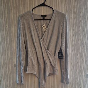 Express Light Gray Ribbed Wrap Bodysuit